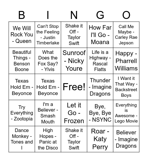 Song Bingo Card