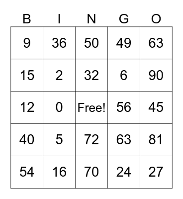 Multiplication and Division Bingo Card