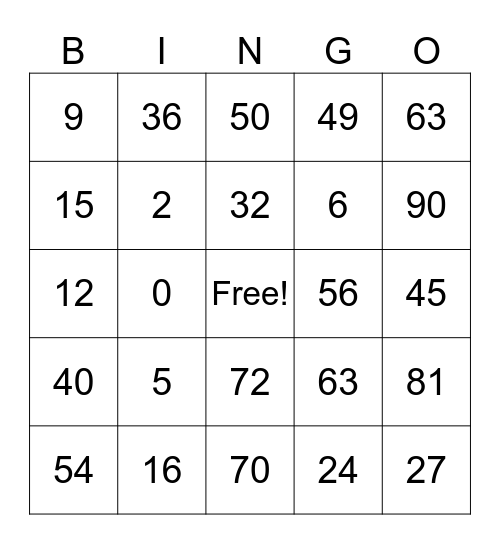 Multiplication and Division Bingo Card