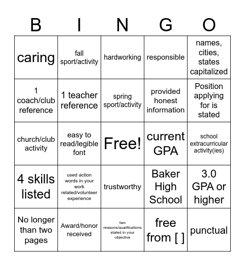 RESUME BINGO Card