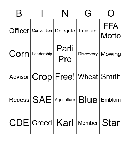FFA and Ag Terms Bingo Card