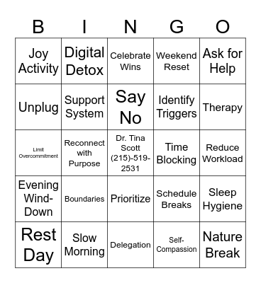 Stress/Burnout Tools Bingo Card