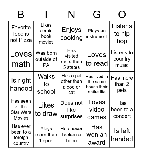 Middle School Bingo Card