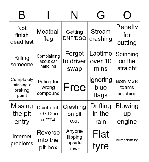 Nordschleife 24h bingo Card