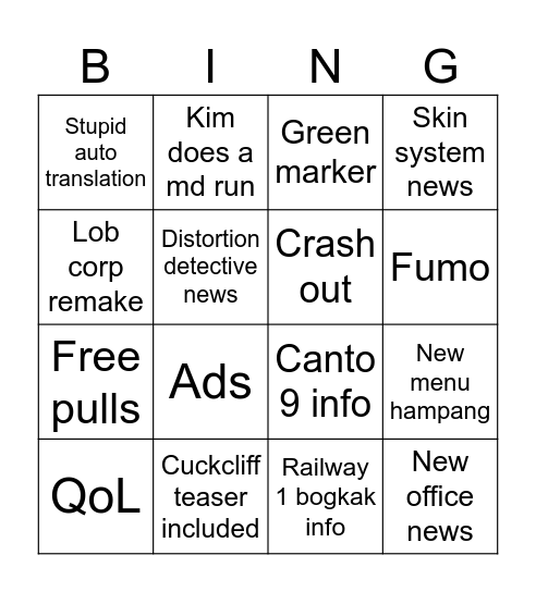 Stream BS Bingo Card