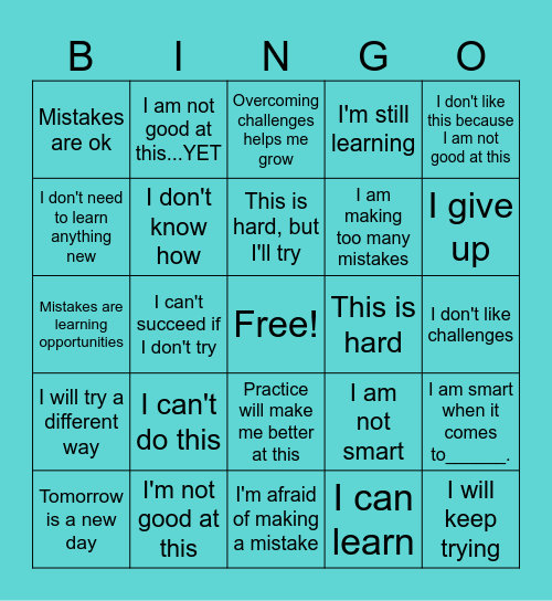 Fixed vs Growth Mindset Bingo Card