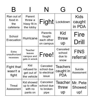 School Chaos Bingo Card
