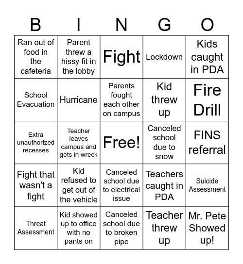 School Chaos Bingo Card