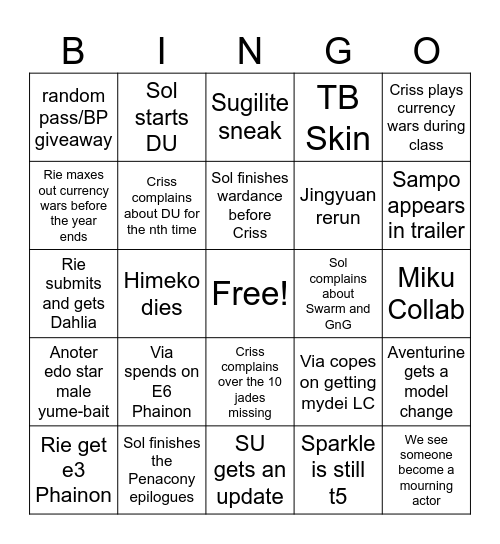 HSR BINGO Card