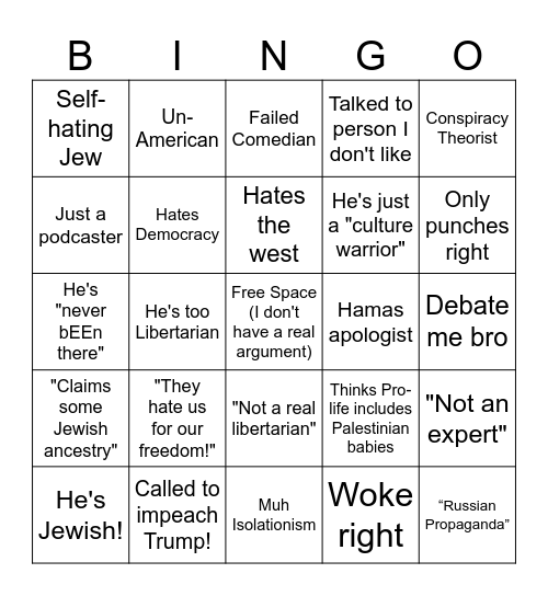 Dave Smith Derangement Syndrome Bingo Card