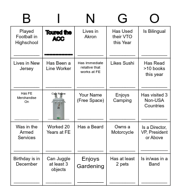 Co-worker Bingo (One Space per person) Bingo Card