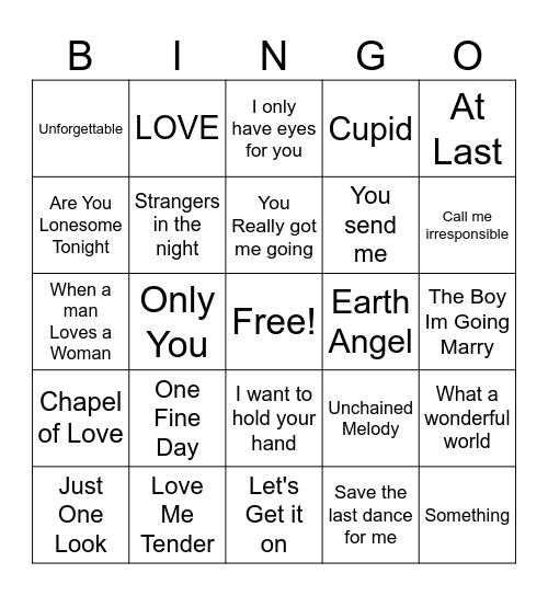 Timeless Love Songs Bingo Card