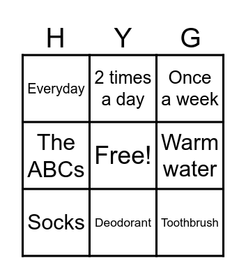 Hygiene Bingo Card