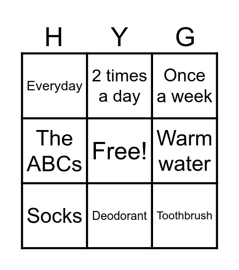 Hygiene Bingo Card