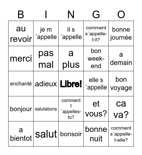 Voc. Les Salutations et Adieux Bingo Card