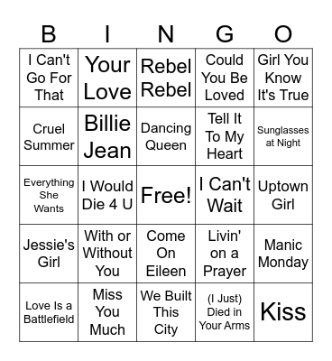80's Dive Bar Bingo Card