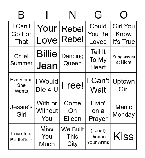 80's Dive Bar Bingo Card