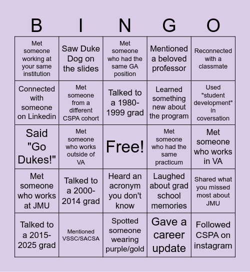 CSPA Alumni Bingo Card