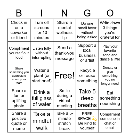 Wellness Wednesday: Kindness Bingo Card