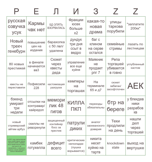 ТАРКОФФ Bingo Card