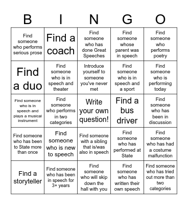 Speech Camp Bingo Card