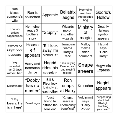 Harry Potter and the Deathly Hallows Part 1 Bingo Card