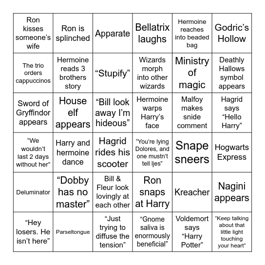 Harry Potter and the Deathly Hallows Part 1 Bingo Card