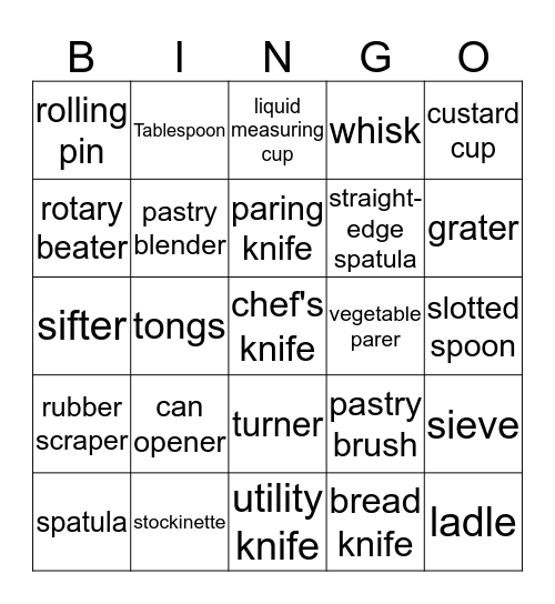 Kitchen Equipment Bingo Card