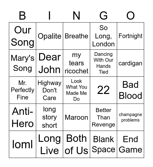 Five-0-Five Music Bingo - Taylor Swift 1 Bingo Card