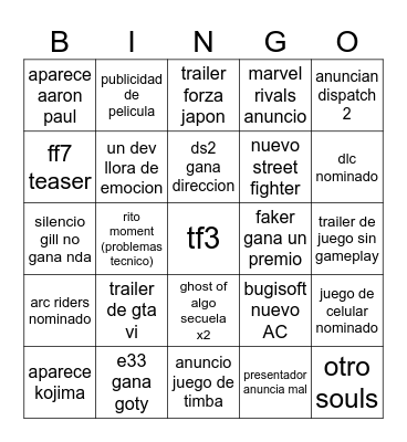 Game of the year Bingo Card