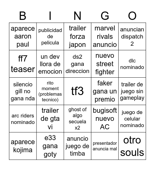 Game of the year Bingo Card