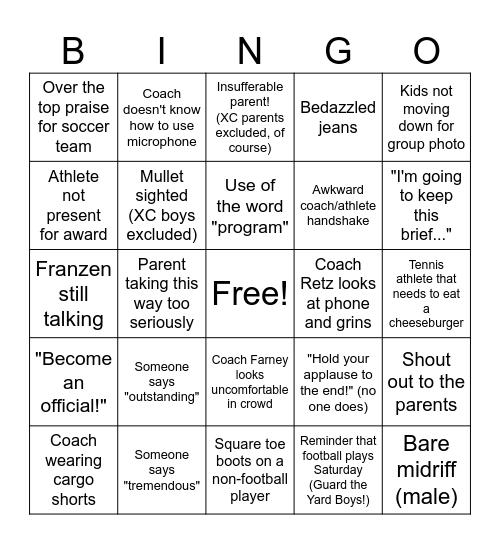 SJO Fall Sports Awards 2025 Bingo Card