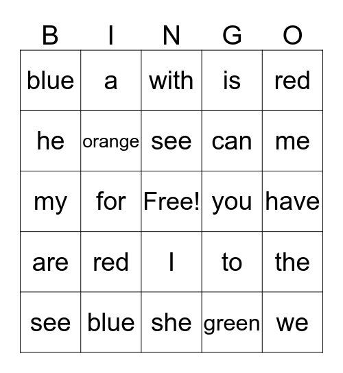 Sight Words  Bingo Card