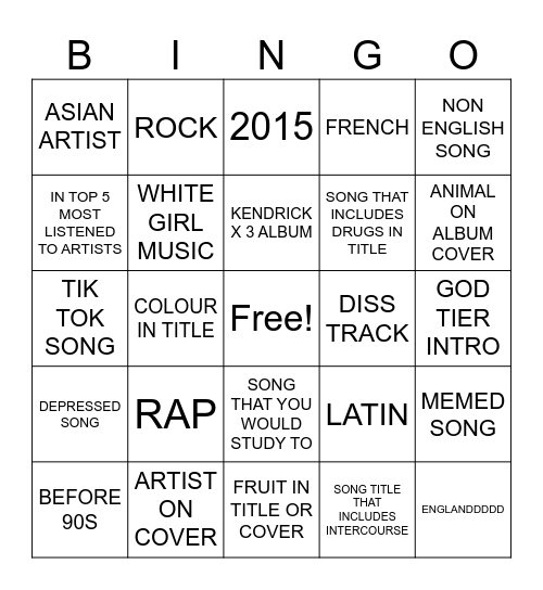 spotify Bingo Card