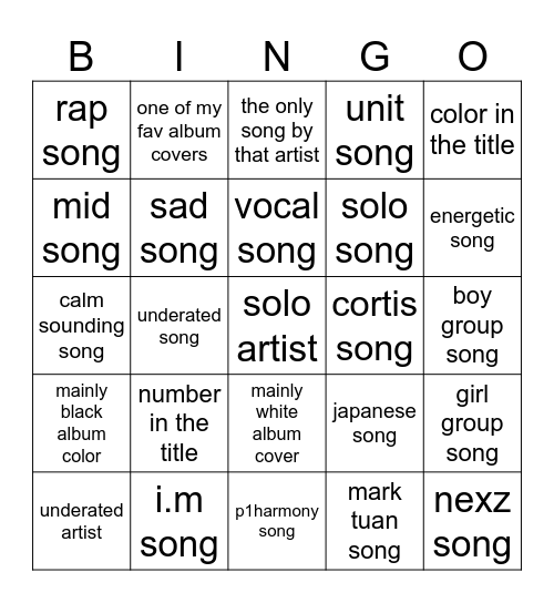 j / k pop playlist 3.0 Bingo Card