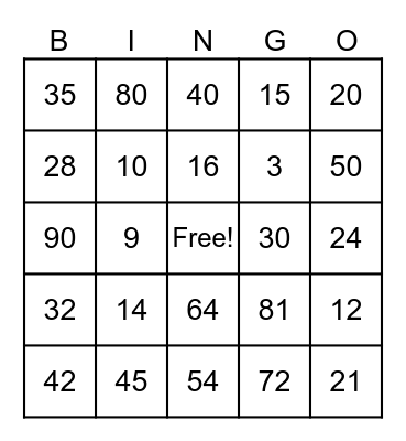 Multiplication Bingo Card