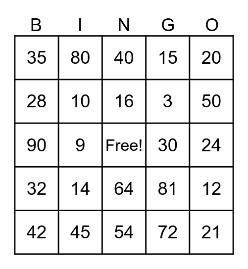 Multiplication Bingo Card