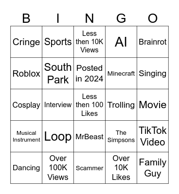 Youtube Shorts Bingo Card