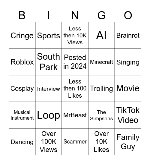Youtube Shorts Bingo Card