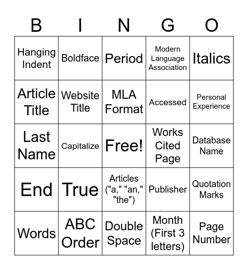 CITATIONS Bingo Card