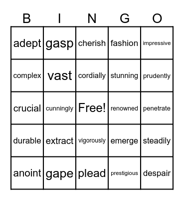 Vocabulary Words Bingo Card