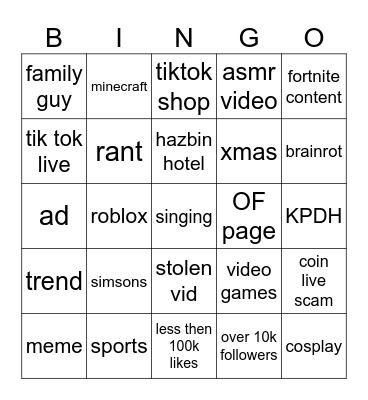 tik tok bingo Card