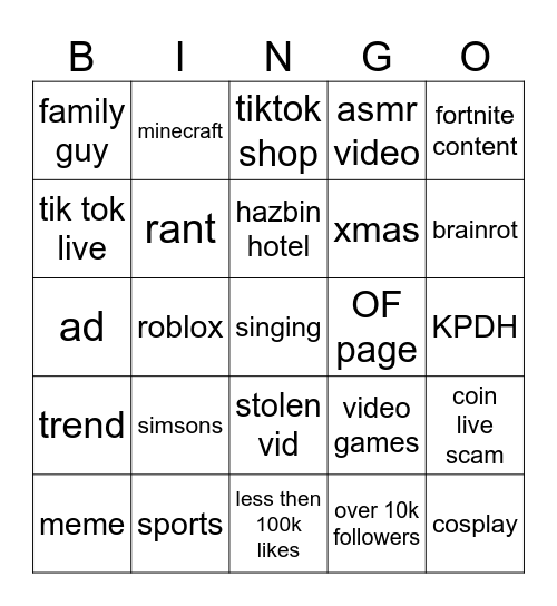 tik tok bingo Card