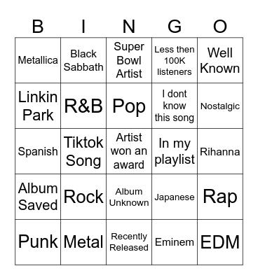 Spotify Bingo Card