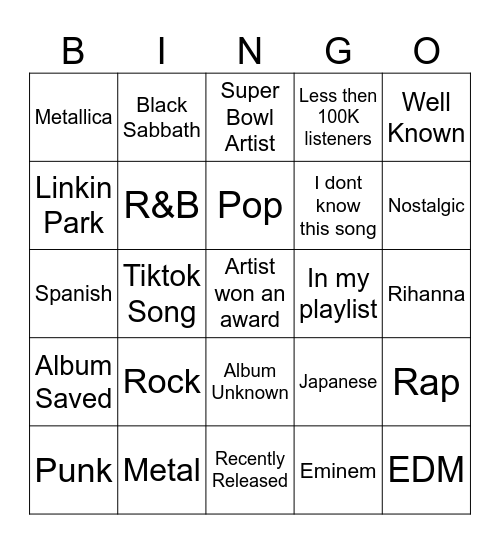 Spotify Bingo Card