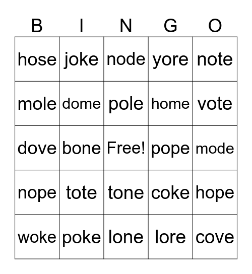 CVCE Long O Bingo Card