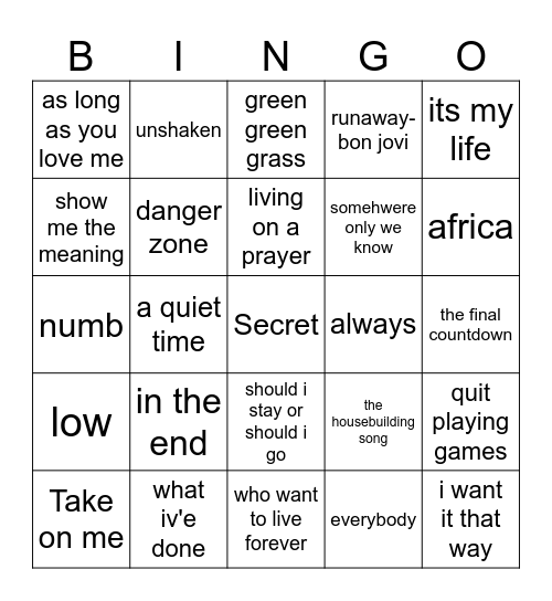 some are my fav songs some arnt Bingo Card