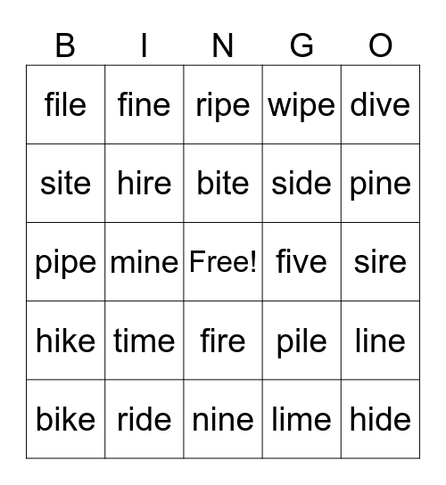 CVCE Long I Bingo Card
