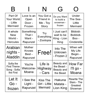 Disney Songs Bingo Card