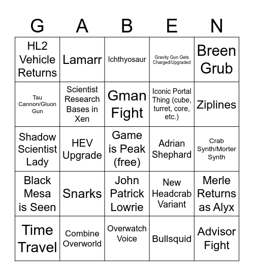 Half-Life 3 Bingo Card